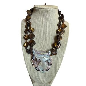 Vintage Mother of Pearl Tiger Necklace Chunky Brown Beaded Statement